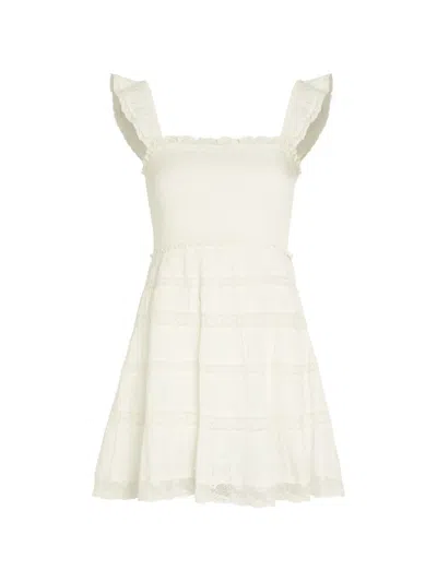Loveshackfancy Shirred Ruffled-sleeve Mini Dress In White