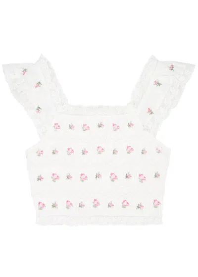 Loveshackfancy Cordula Floral-embroidered Smocked Cotton Top In White And Pink