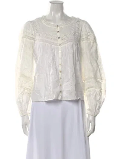 Pre-owned Loveshackfancy Crew Neck Long Sleeve Blouse In White