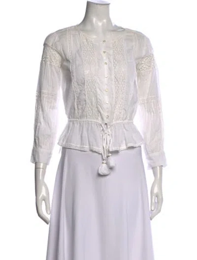 Pre-owned Loveshackfancy Crew Neck Long Sleeve Blouse In White