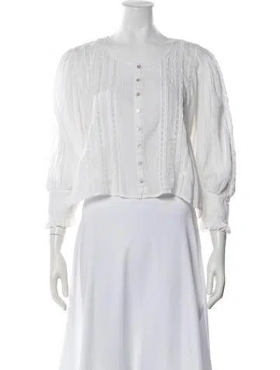 Pre-owned Loveshackfancy Crew Neck Long Sleeve Blouse In White