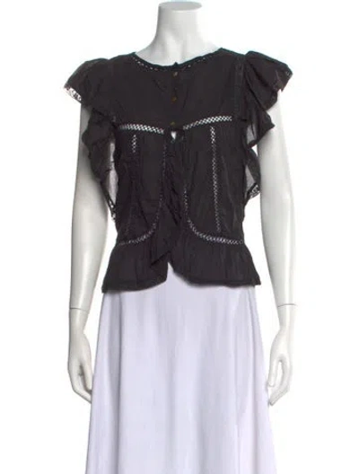 Pre-owned Loveshackfancy Crew Neck Short Sleeve Blouse In Black