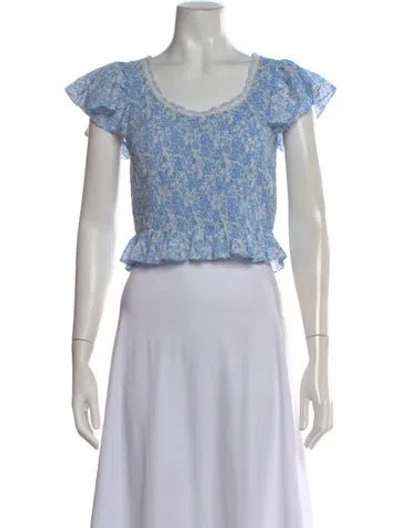 Pre-owned Loveshackfancy Crew Neck Short Sleeve Blouse In Blue