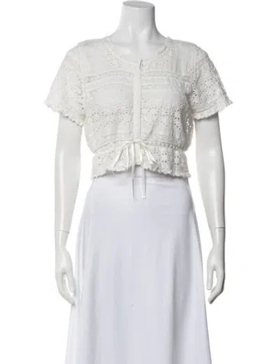 Pre-owned Loveshackfancy Crew Neck Short Sleeve Crop Top In White