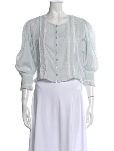 Pre-owned Loveshackfancy Crew Neck Three-quarter Sleeve Blouse In Blue