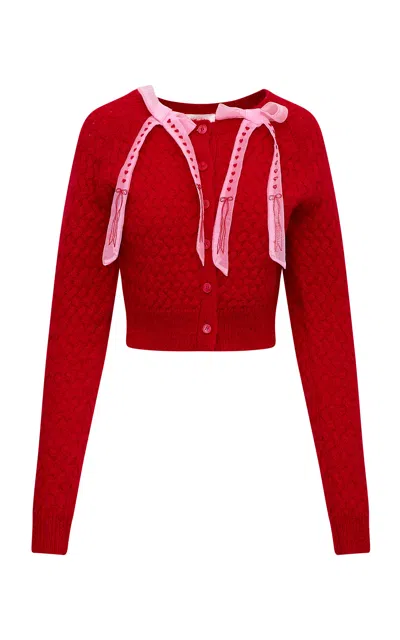 Loveshackfancy Cupid Bow-detailed Jacquard-knit Cardigan In Cherry Bomb