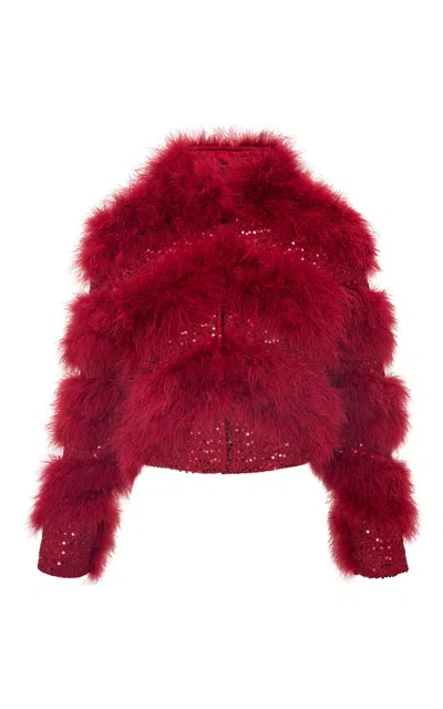 Loveshackfancy Curran Fur And Sequined Jacket In Red