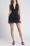 Loveshackfancy Deanna Shirred Ruffled Cotton Halterneck Mini Dress In Black