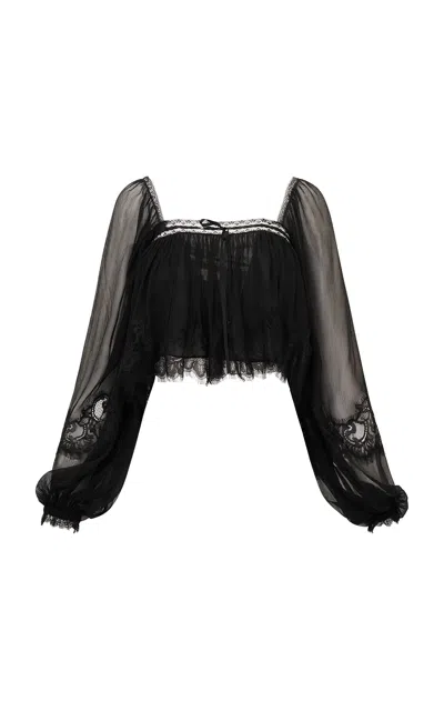 Loveshackfancy Ebbie Cropped Silk Top In Black