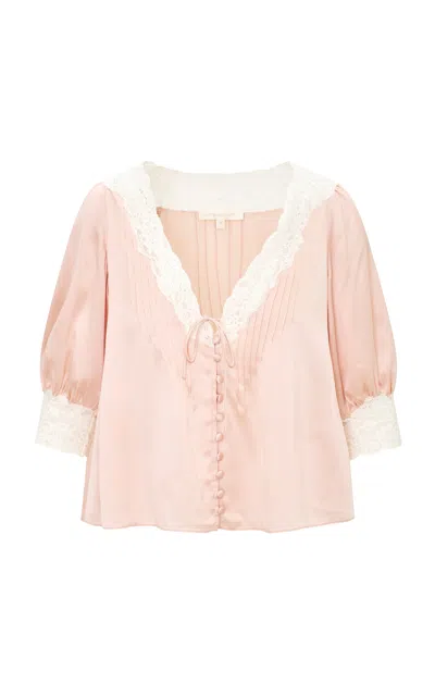 Loveshackfancy Elfadie Lace-kissed Silk Top In Pink