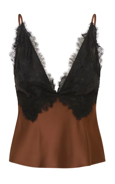 Loveshackfancy Elloryn Lace-paneled Satin Tank Top In Brown