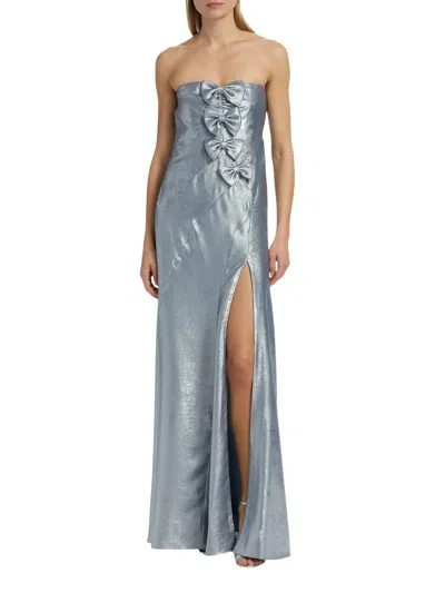 Loveshackfancy Elmina Bow-embellished Strapless Dress In Metallic Baby Blue In Gray