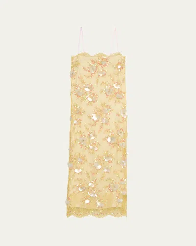 Loveshackfancy Emalia Sequined Lace-trim Midi Dress In Pale Lemon Yellow
