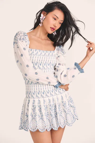 Loveshackfancy Embroidered Mini Dress In White/blue