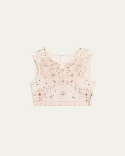 Loveshackfancy Emeryn Embellished Floral Crop Top In Pink