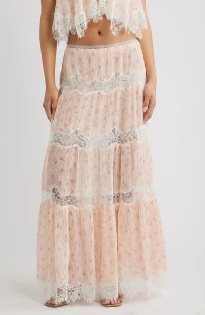 Loveshackfancy Everhart Floral Lace Detail Silk Chiffon Maxi Skirt In Neutral
