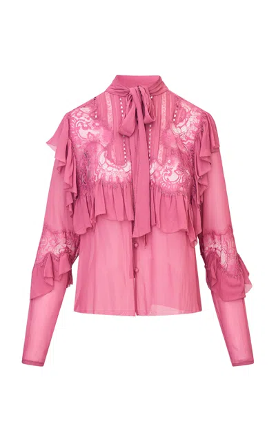 Loveshackfancy Farah Lace-paneled Chiffon Top In Berry