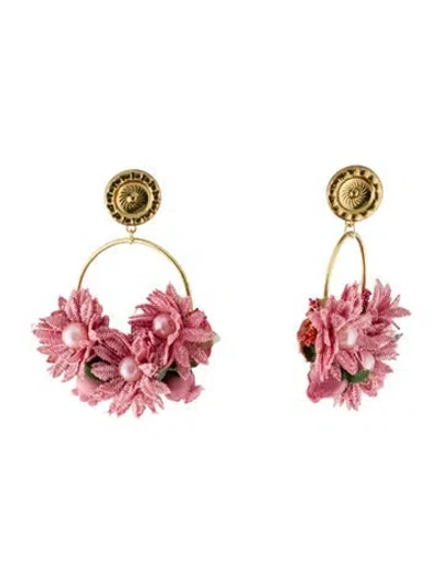 Pre-owned Loveshackfancy Faux Pearl & Fabric Flowers Drop Earrings In Multi