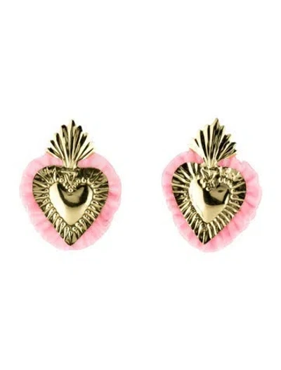 Pre-owned Loveshackfancy Faux Pearl Flowers Hoop Earrings In Multi