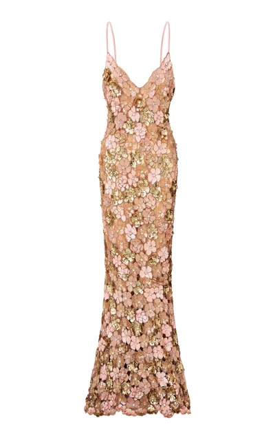 Loveshackfancy Fleurina Floral-embellished Tulle Maxi Dress In Rose Gold