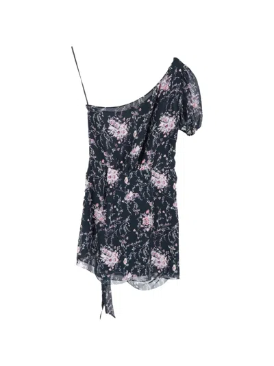 Pre-owned Loveshackfancy Floral One-shoulder Silk Dress In Black