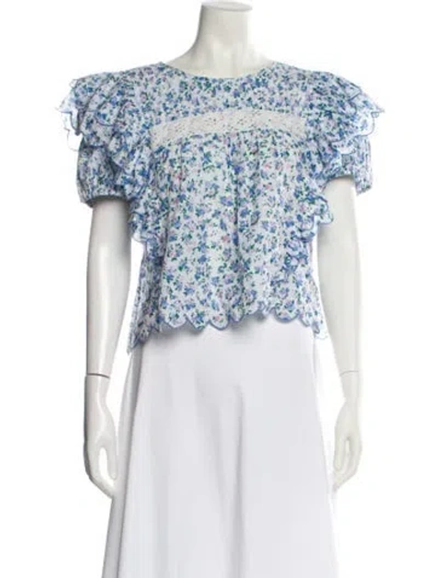 Pre-owned Loveshackfancy Floral Print Bateau Neckline Crop Top In Multi