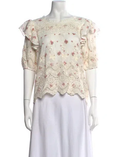 Pre-owned Loveshackfancy Floral Print Bateau Neckline Crop Top In Neutral