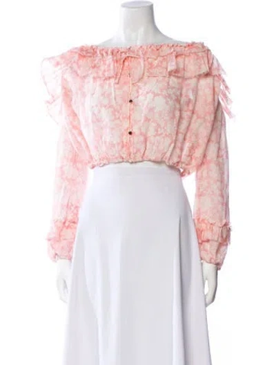 Pre-owned Loveshackfancy Floral Print Bateau Neckline Crop Top In Pink