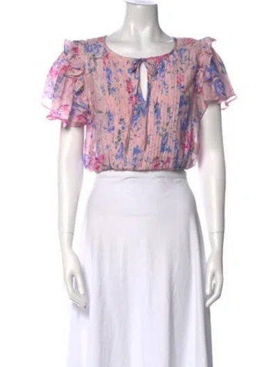Pre-owned Loveshackfancy Floral Print Bateau Neckline Crop Top In Pink