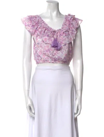 Pre-owned Loveshackfancy Floral Print Bateau Neckline Crop Top In Purple
