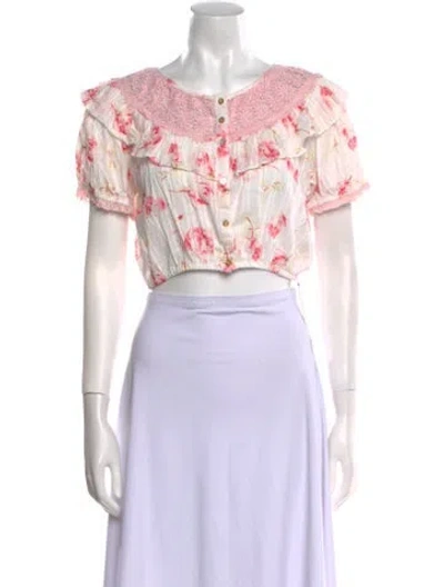 Pre-owned Loveshackfancy Floral Print Bateau Neckline Crop Top In White
