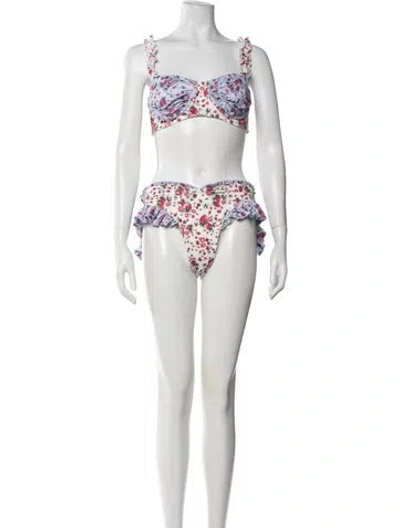 Pre-owned Loveshackfancy Floral Print Beaded Accents Bikini In Blue