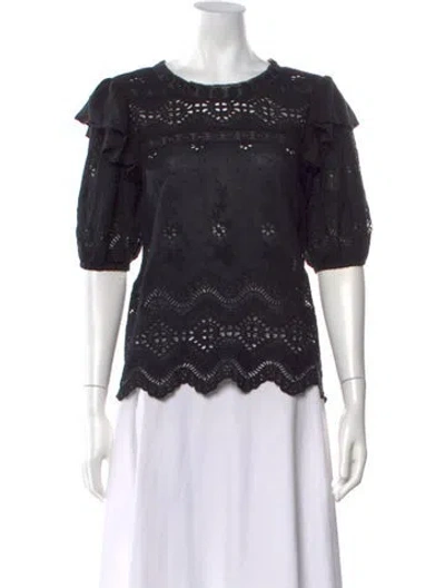 Pre-owned Loveshackfancy Floral Print Crew Neck Blouse In Black