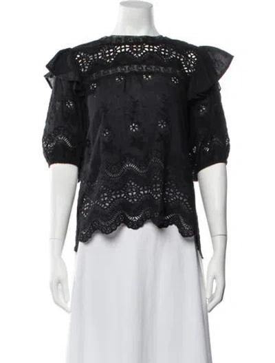 Pre-owned Loveshackfancy Floral Print Crew Neck Blouse In Black
