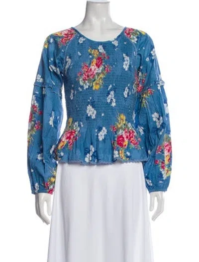 Pre-owned Loveshackfancy Floral Print Crew Neck Blouse In Blue