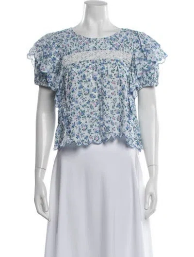 Pre-owned Loveshackfancy Floral Print Crew Neck Blouse In Blue