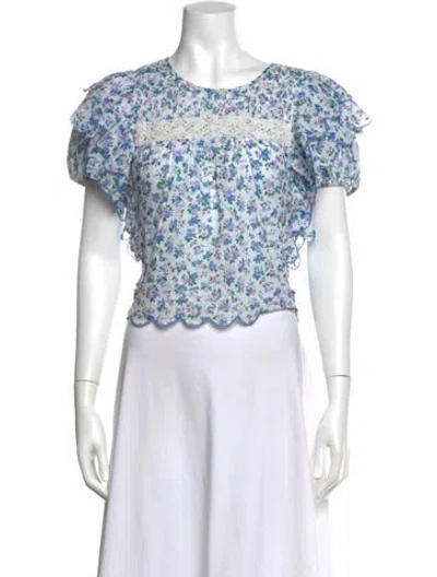 Pre-owned Loveshackfancy Floral Print Crew Neck Blouse In Blue