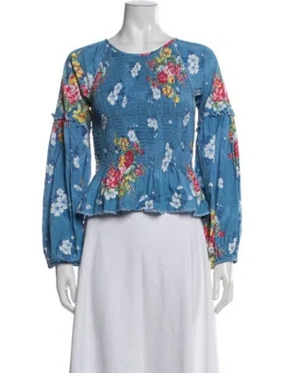 Pre-owned Loveshackfancy Floral Print Crew Neck Blouse In Blue