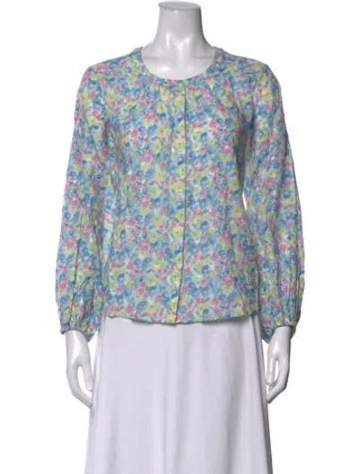 Pre-owned Loveshackfancy Floral Print Crew Neck Blouse In Blue