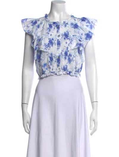 Pre-owned Loveshackfancy Floral Print Crew Neck Blouse In Blue