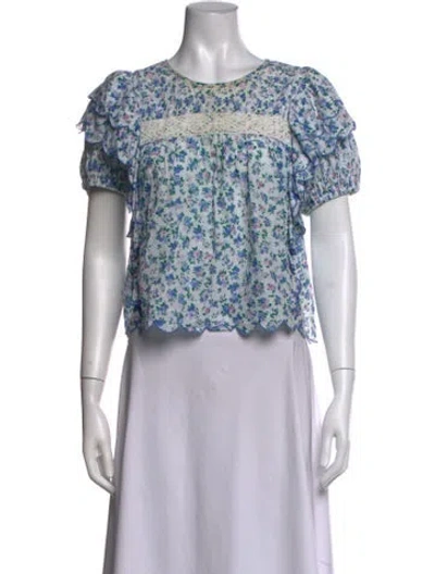 Pre-owned Loveshackfancy Floral Print Crew Neck Blouse In Blue/neutrals