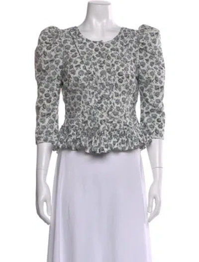 Pre-owned Loveshackfancy Floral Print Crew Neck Blouse In Gray