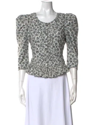 Pre-owned Loveshackfancy Floral Print Crew Neck Blouse In Gray