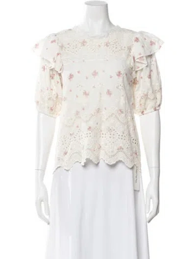 Pre-owned Loveshackfancy Floral Print Crew Neck Blouse In Neutral
