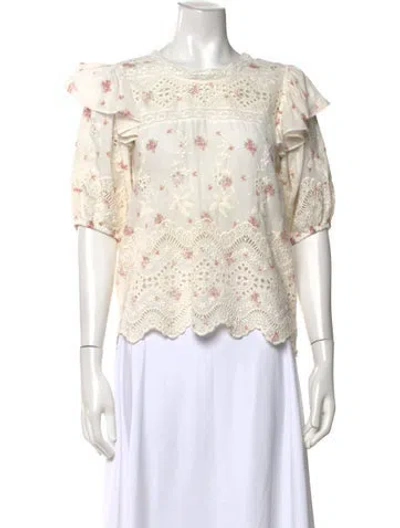 Pre-owned Loveshackfancy Floral Print Crew Neck Blouse In Neutrals