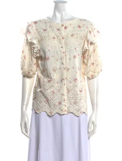 Pre-owned Loveshackfancy Floral Print Crew Neck Blouse In Neutrals