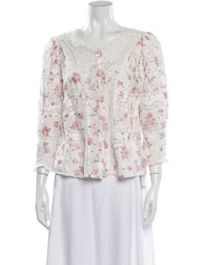 Pre-owned Loveshackfancy Floral Print Crew Neck Blouse In Neutrals