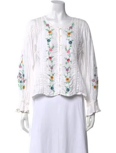 Pre-owned Loveshackfancy Floral Print Crew Neck Blouse In Neutrals