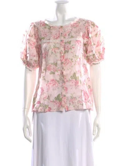 Pre-owned Loveshackfancy Floral Print Crew Neck Blouse In Pink
