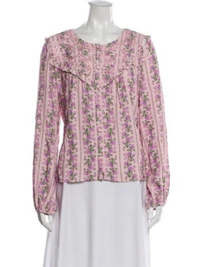 Pre-owned Loveshackfancy Floral Print Crew Neck Blouse In Pink
